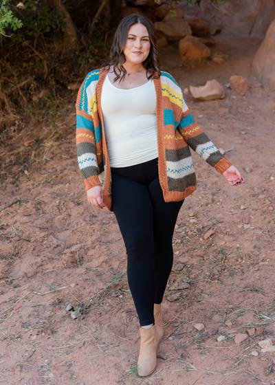 Color block rust cardigan with long sleeves