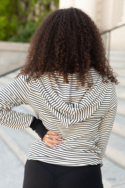 Back view of the black stripe hoodie