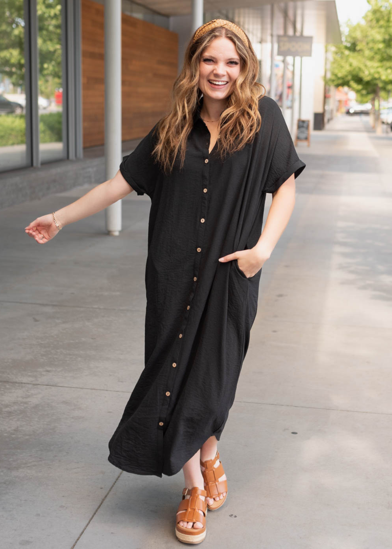 Short sleeve black button up maxi dress