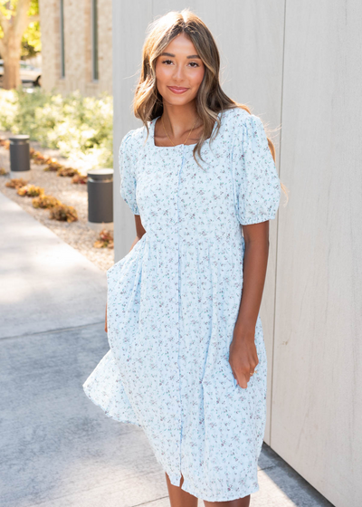 Light blue floral dress with short sleeves