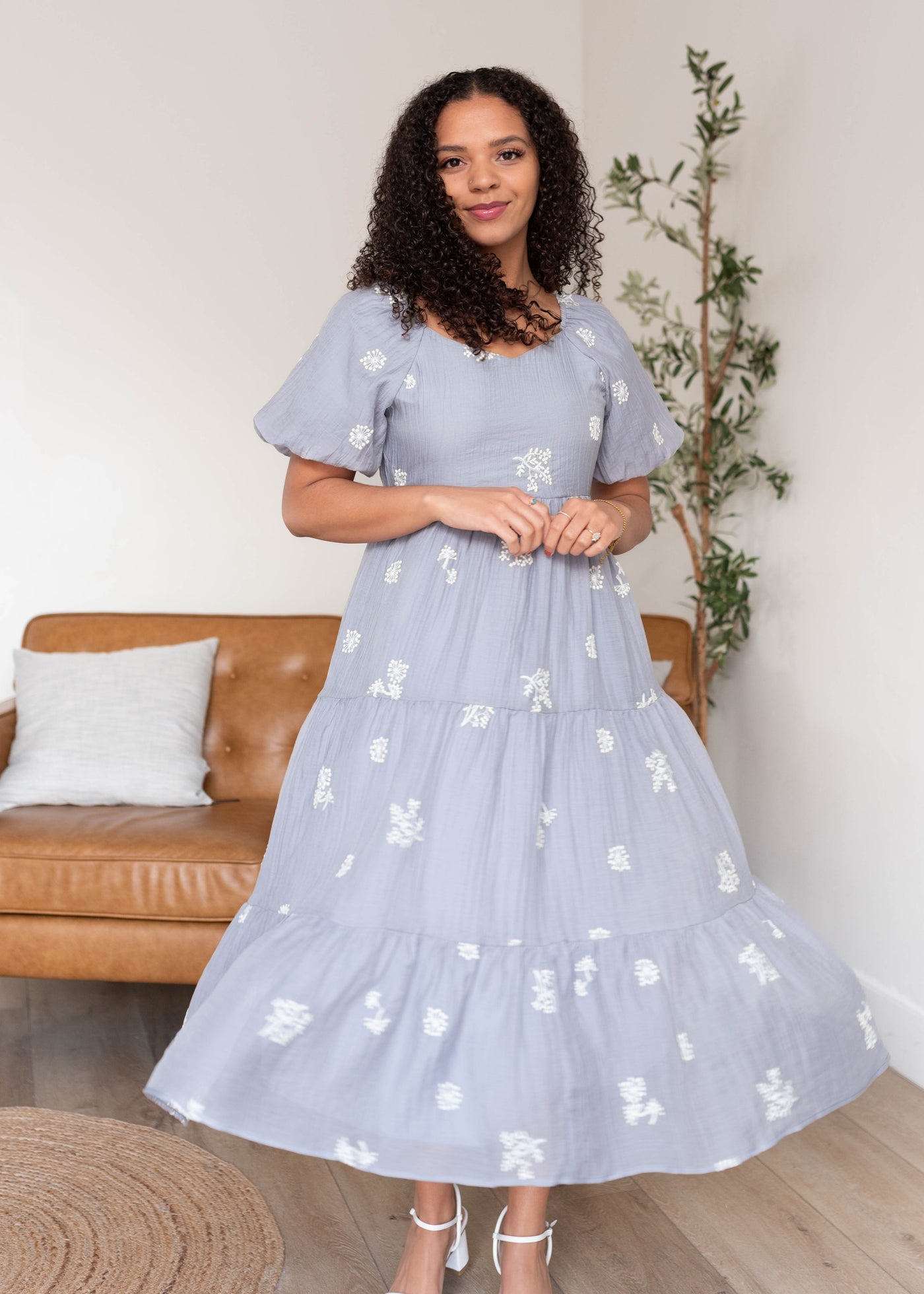 Dusty blue embroidered dress with tiered skirt