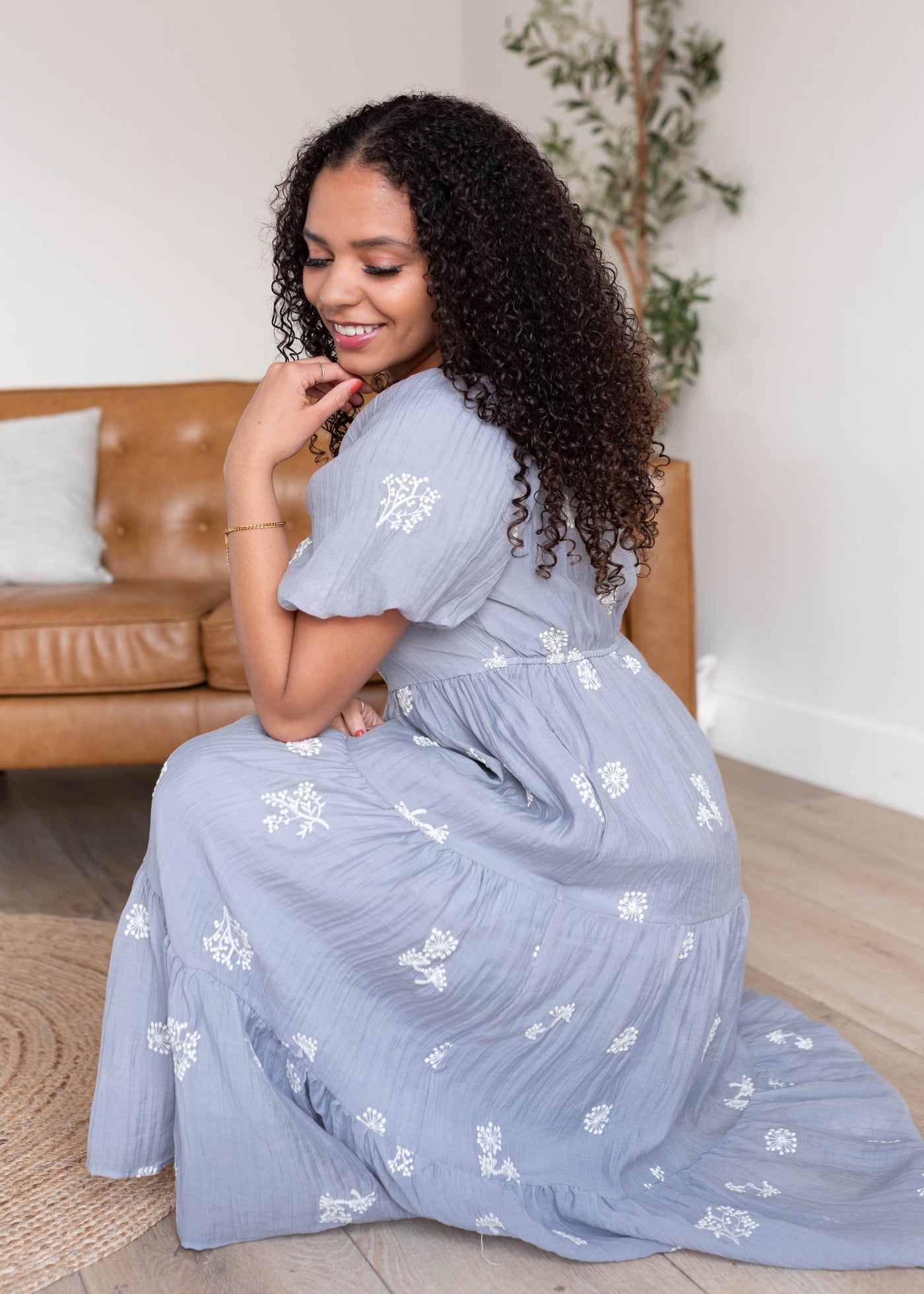 Dusty blue embroidered dress with short sleeve