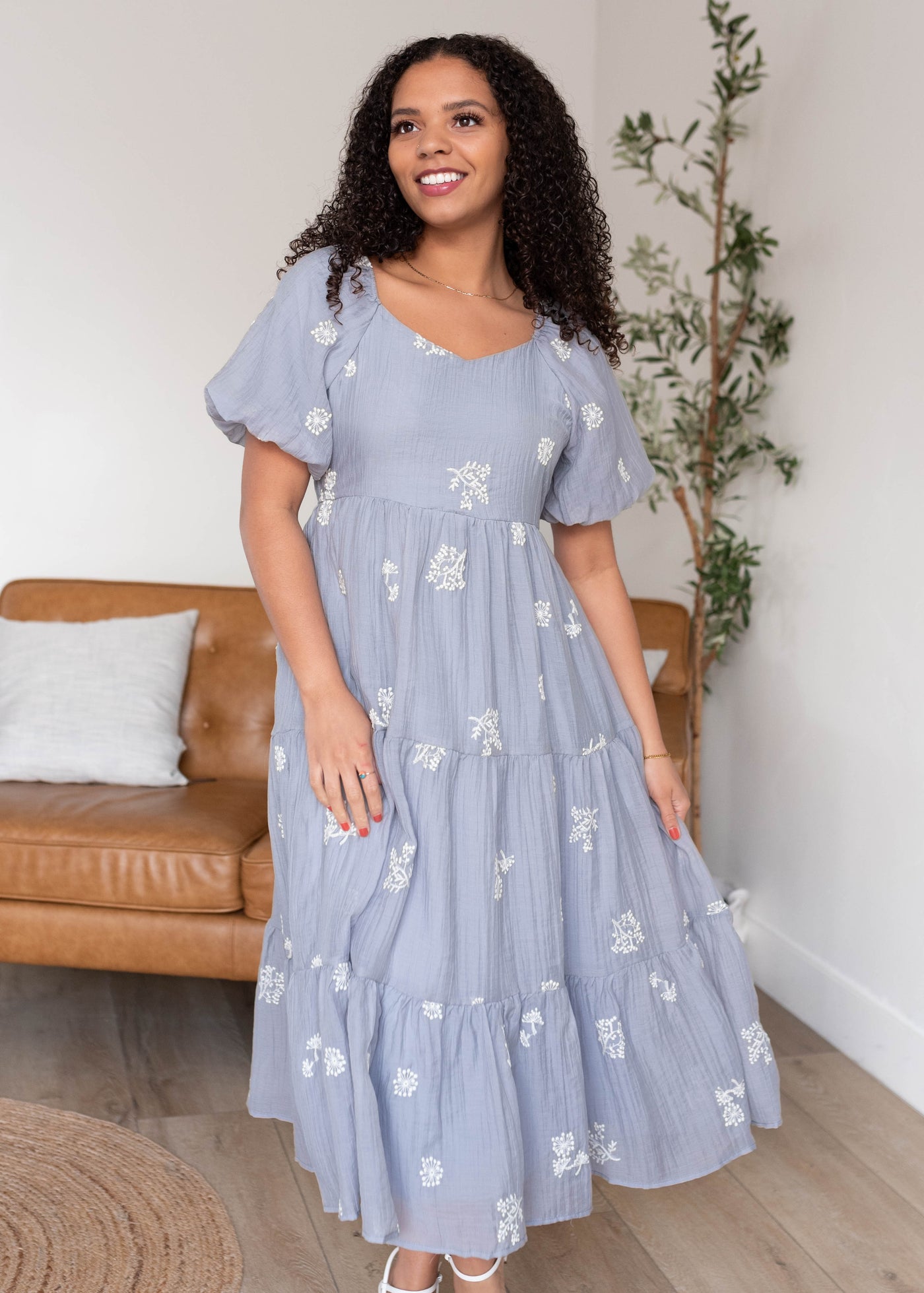 Dusty blue embroidered dress