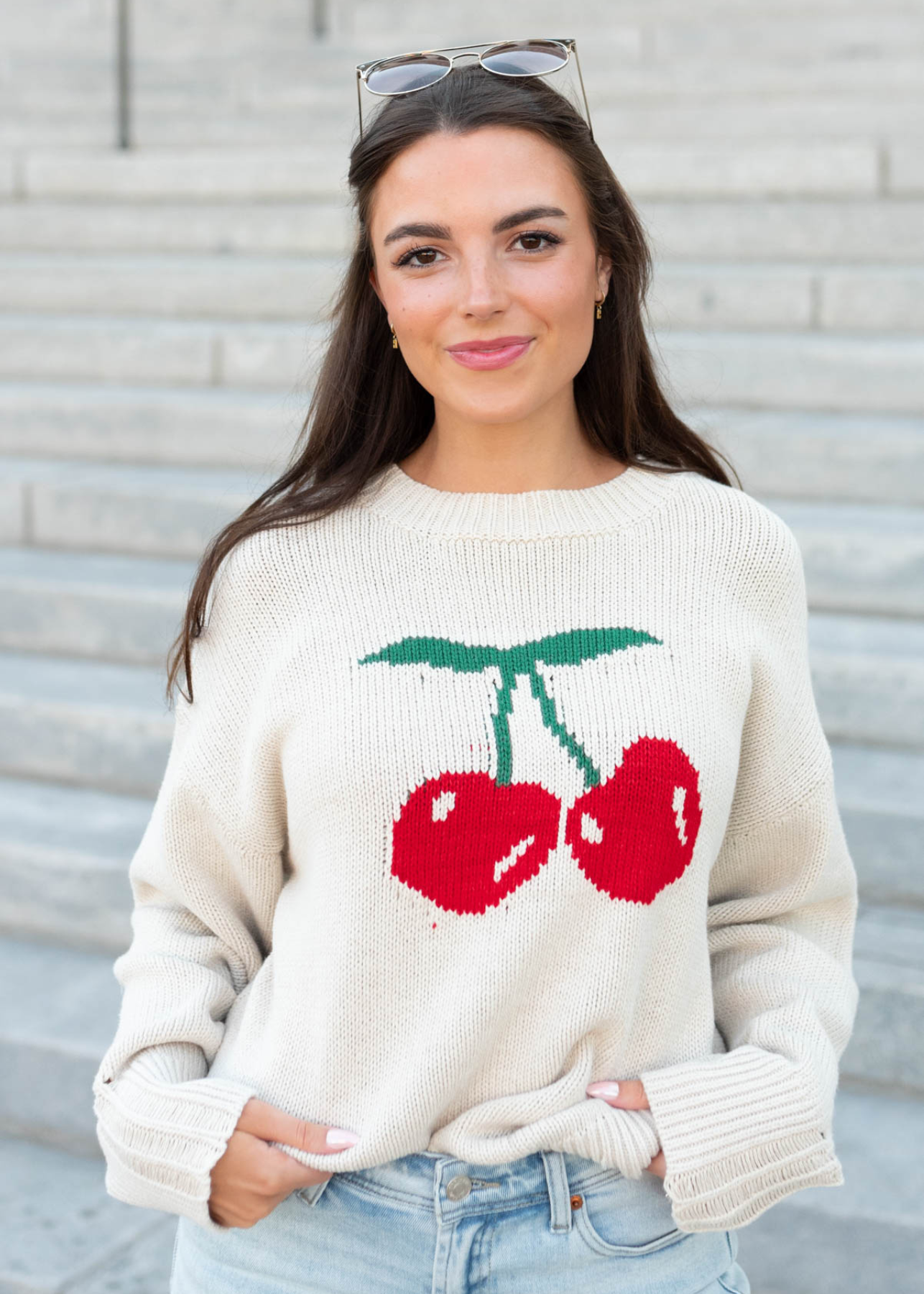 Oatmeal cherry sweater with long sleeves