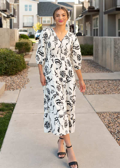 3/4 sleeve white floral tiered dress