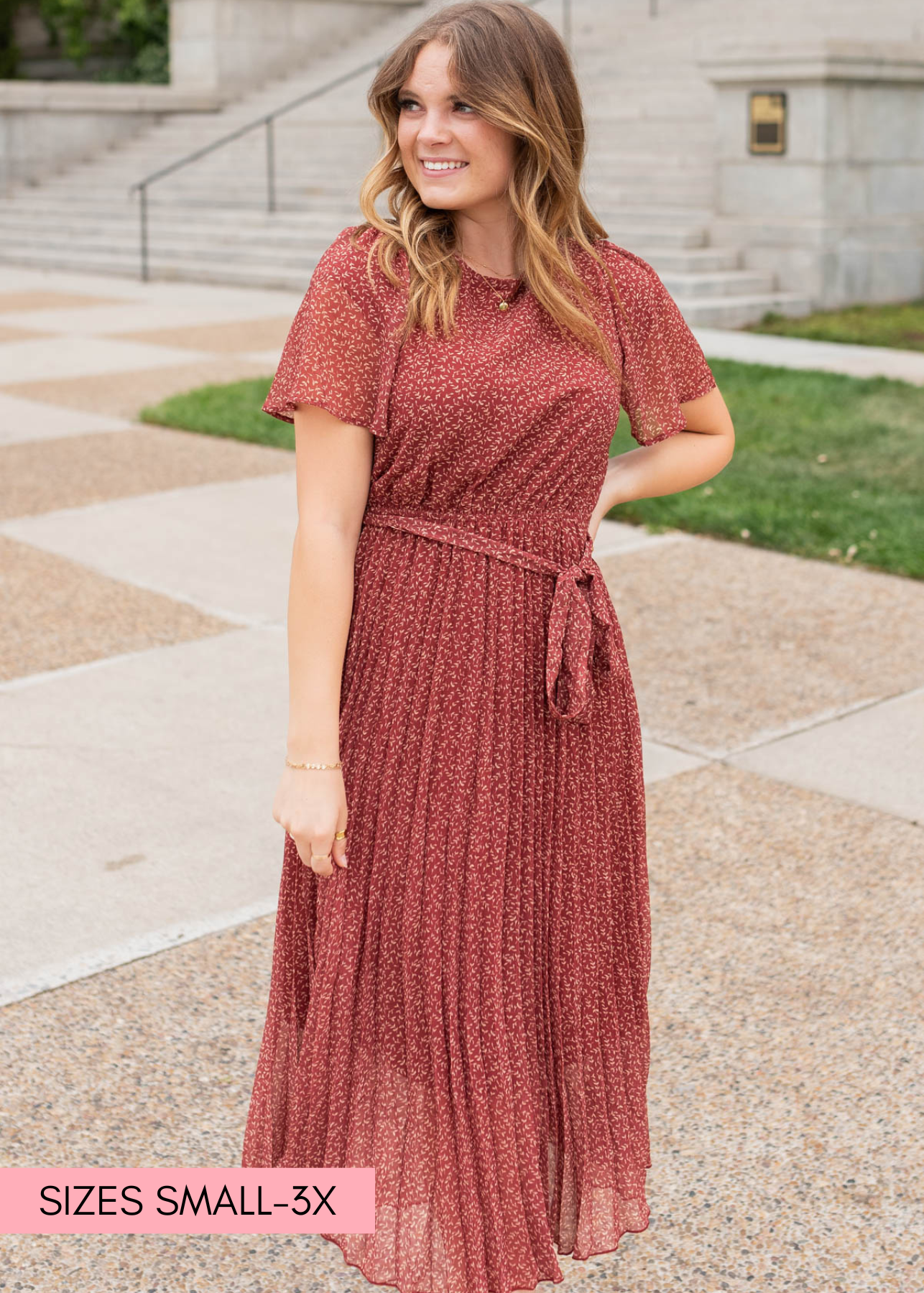 Burgundy pleated tie dress with short sleeves