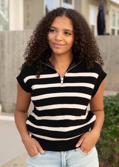 Black taupe stripe sweater with zipper neck