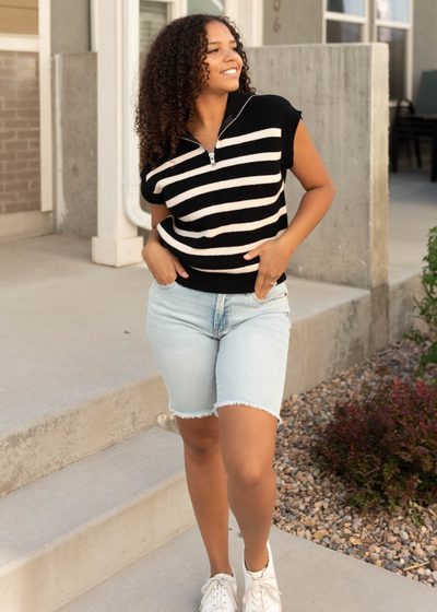 Sleeveless black taupe stripe sweater