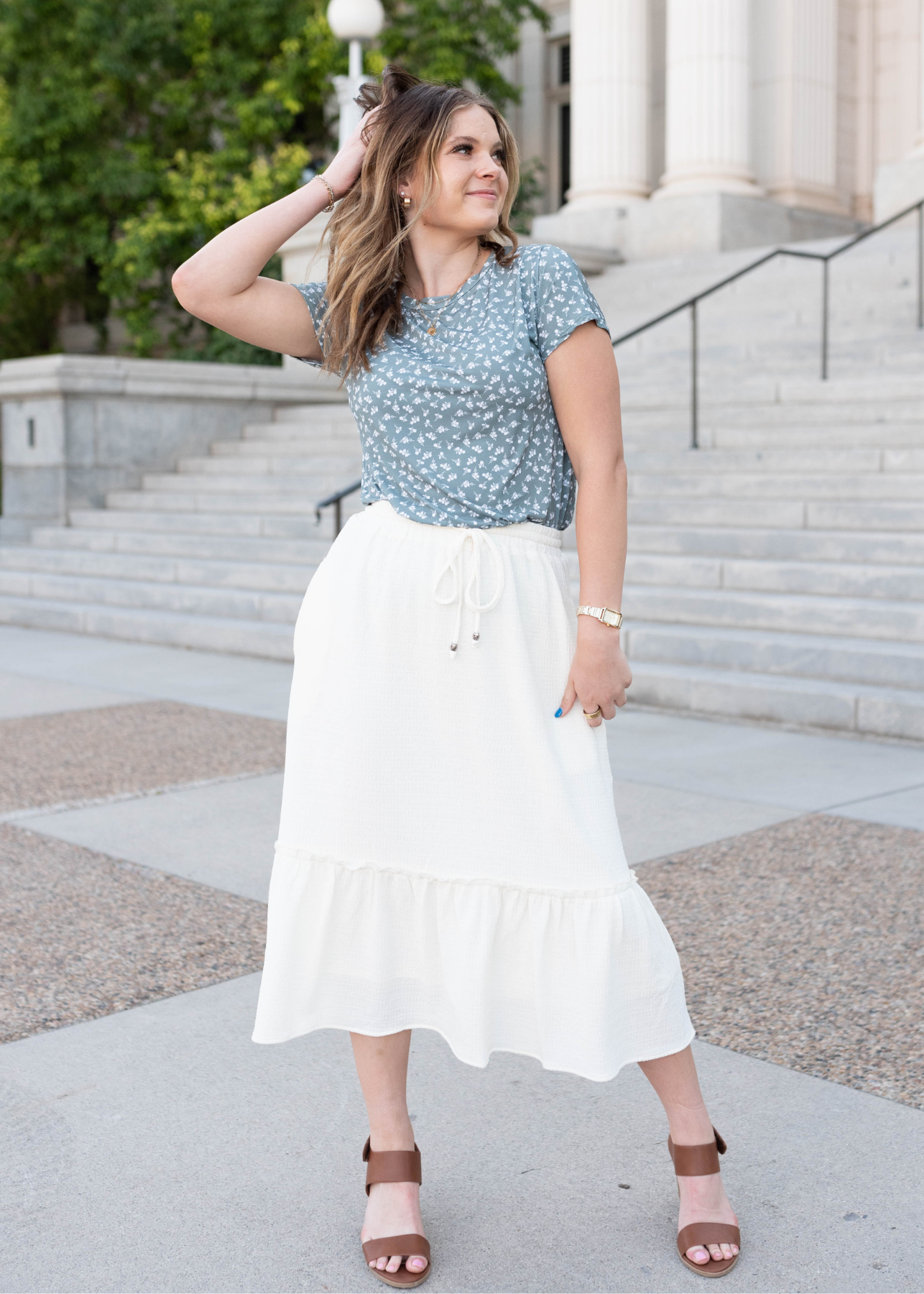 Elastic wasit ivory textured skirt