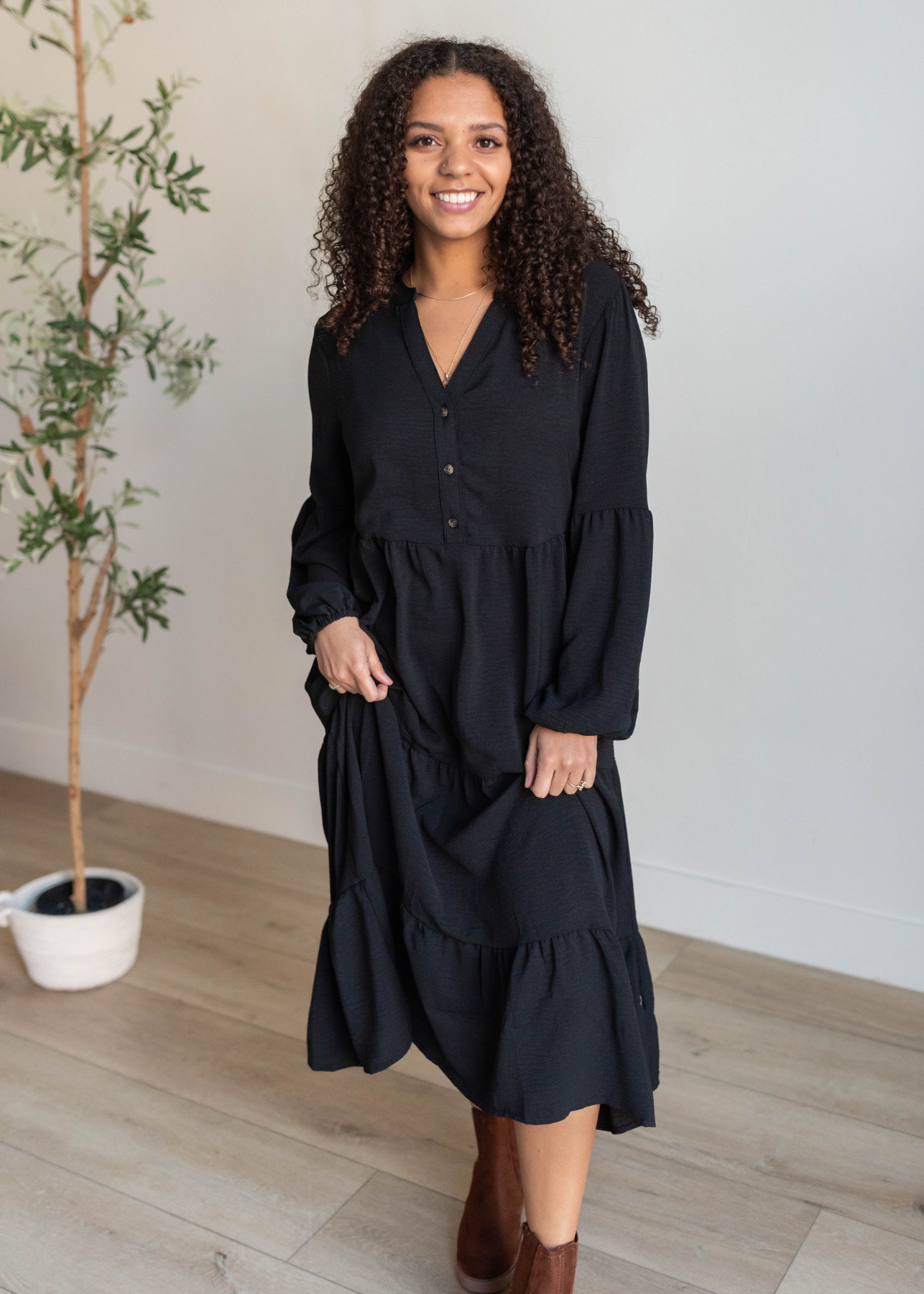 Long sleeve black tiered dress