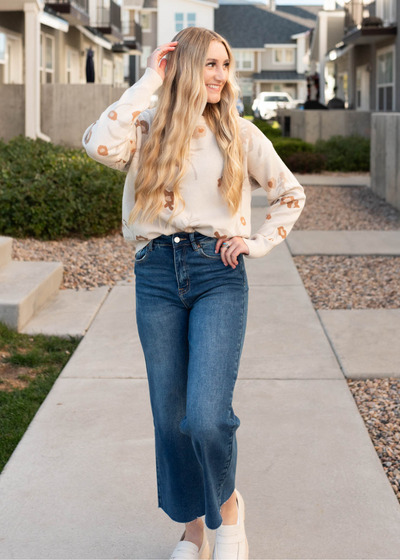 Oatmeal floral sweater with long sleeves