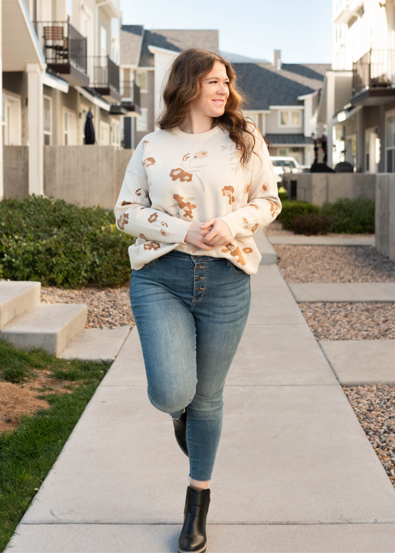 Oatmeal floral sweater with caramel colored flowers