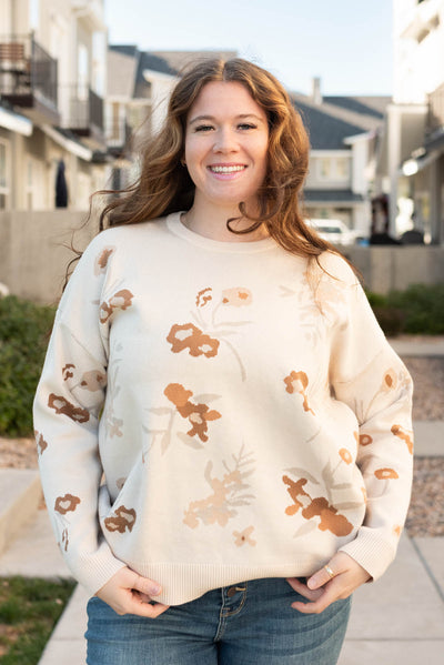 Plus size oatmeal floral sweater