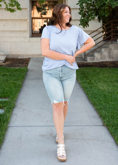 Short sleeve light blue textured top