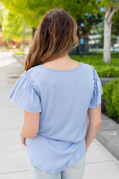 Back view of the light blue textured heart