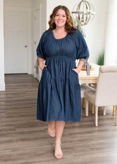 Plus size dark denim tiered dress with pockets