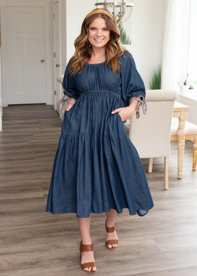 Dark denim tiered dress with short sleeves