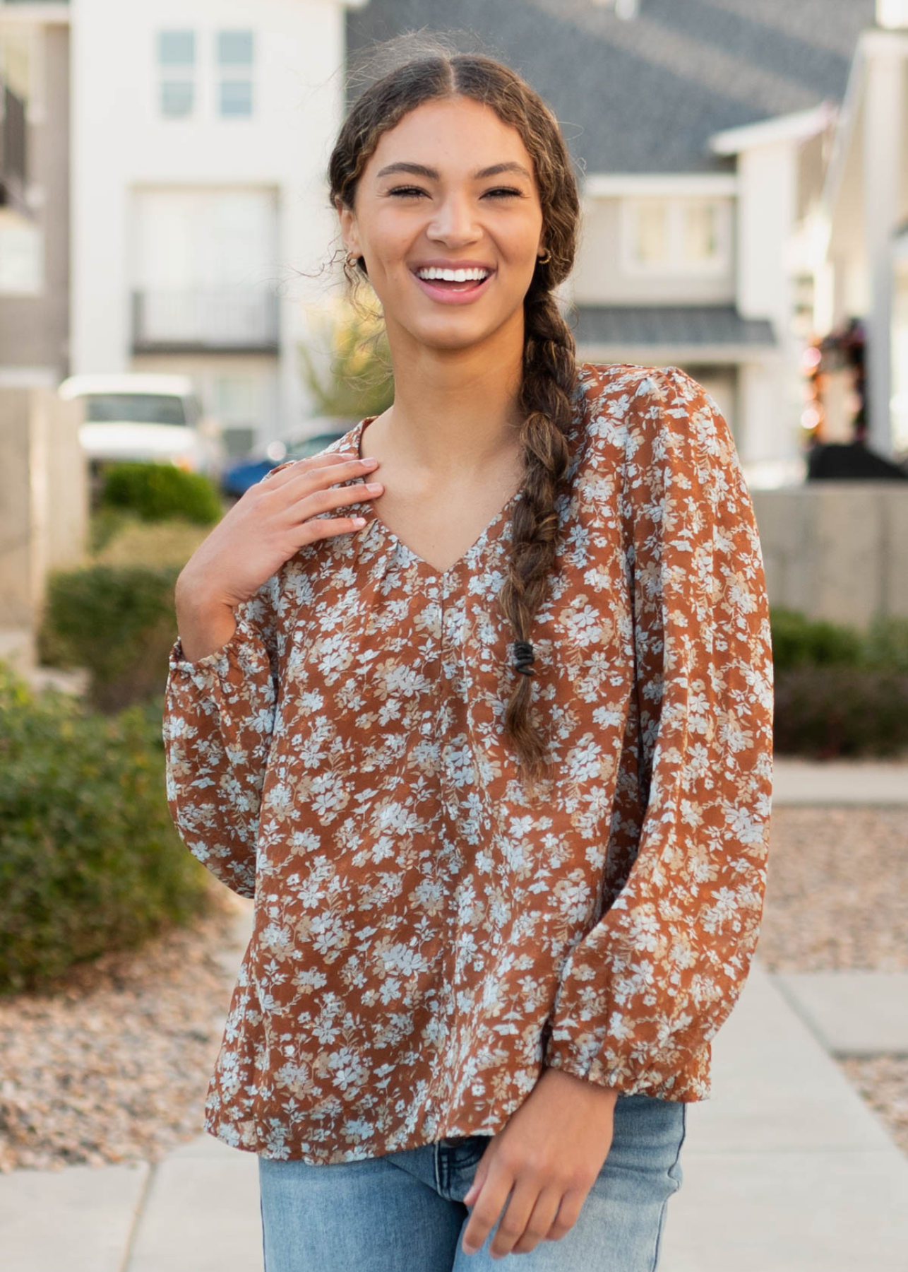 Blue floral blouse with long sleeves