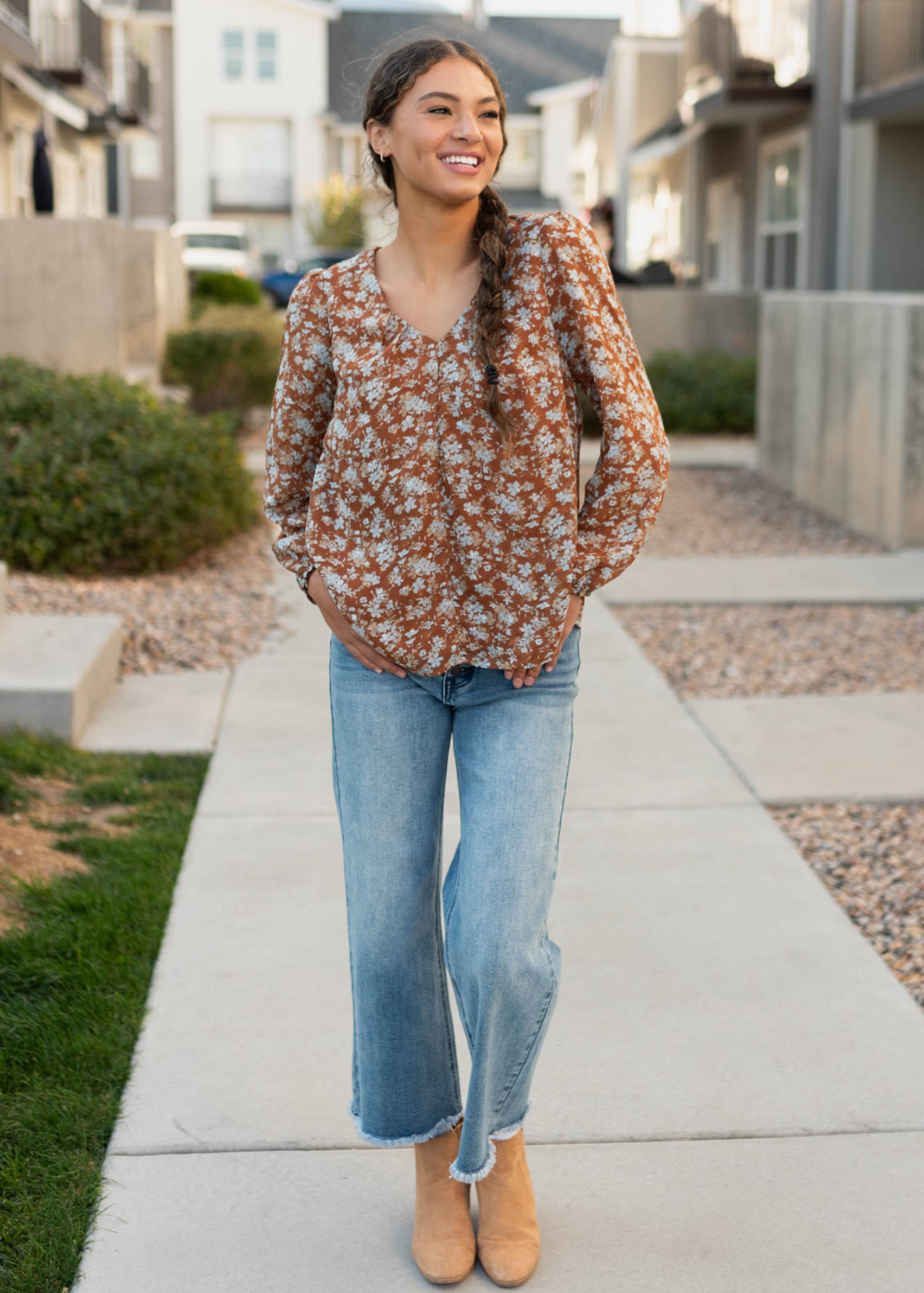 Long sleeve blue floral blouse