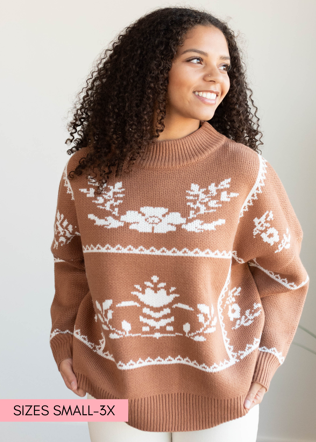 Mocha floral printed sweater with long sleeves