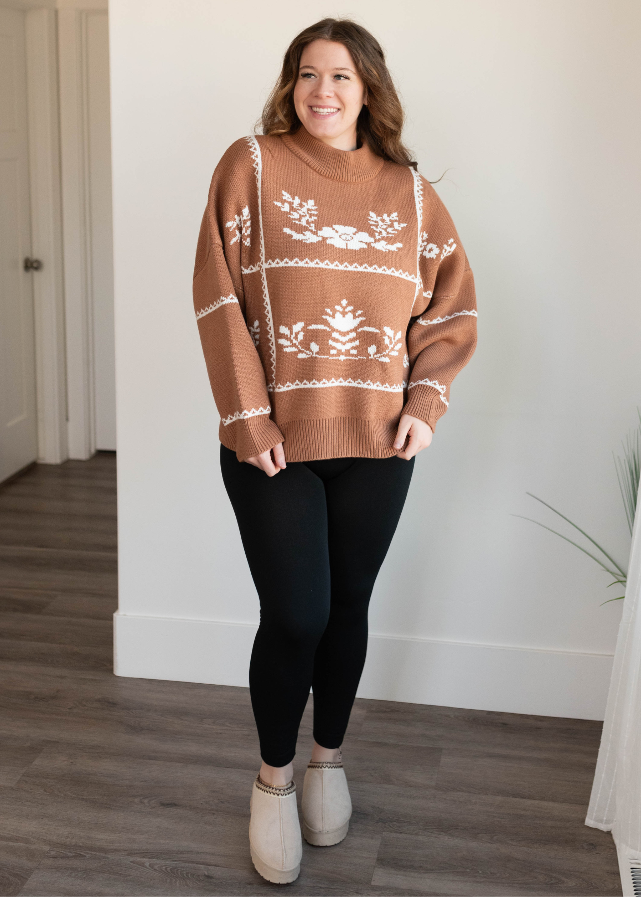 Long sleeve mocha floral printed sweater