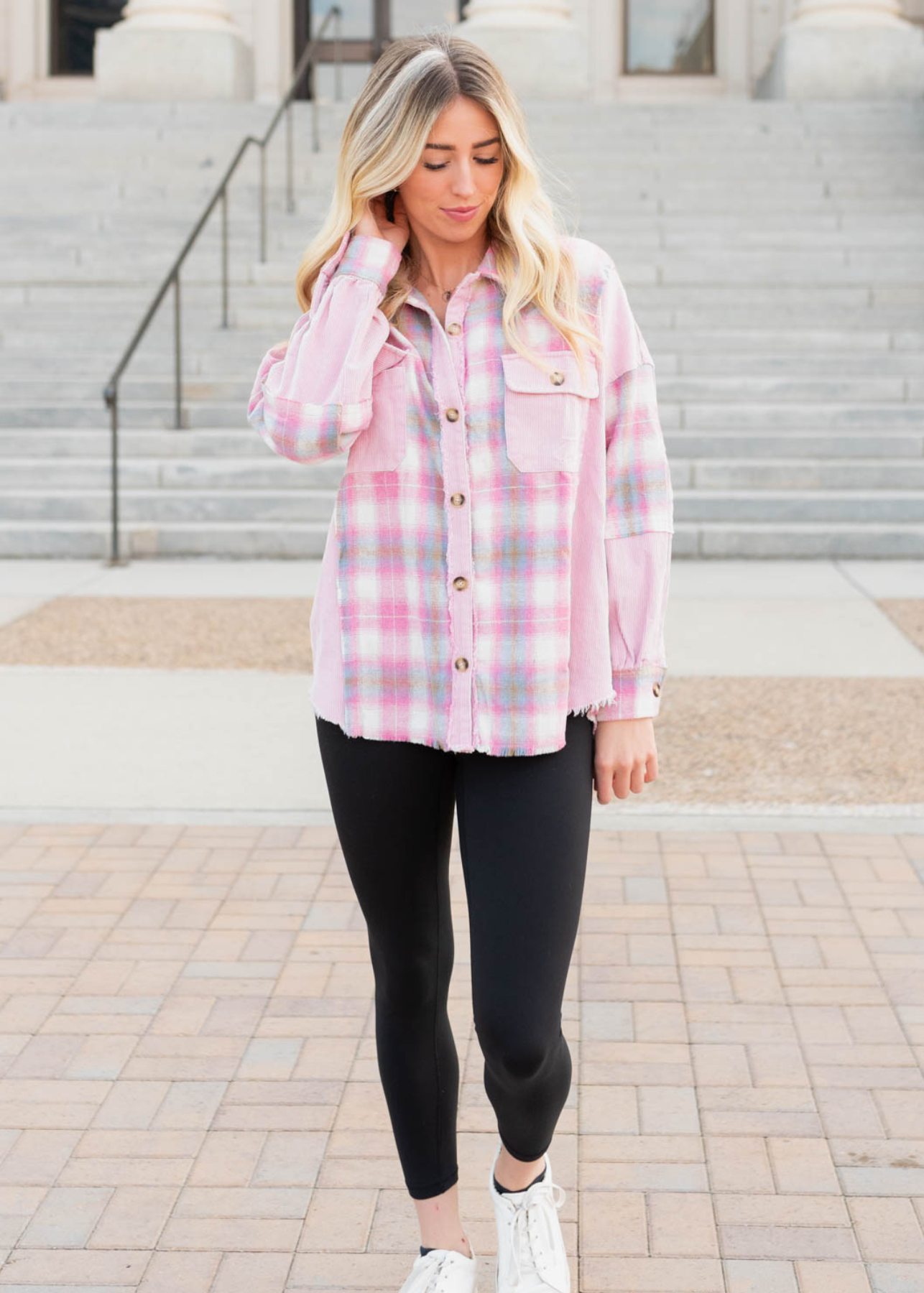 Pink plaid shacket with corduroy on the sleeves