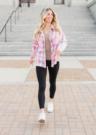 Corduroy and fleece pink plaid shacket