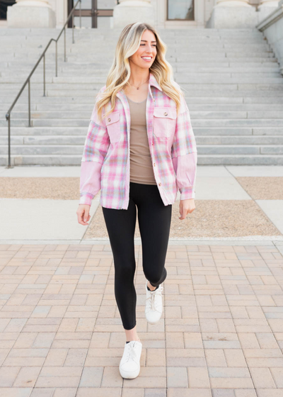 Pink plaid shacket with long sleeves