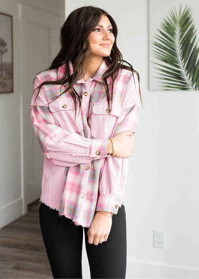 Long sleeve pink plaid shacket