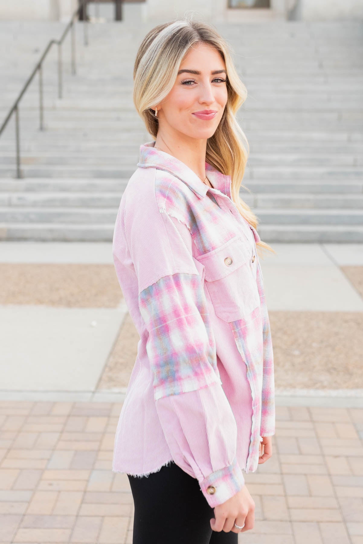 Side view of the pink plaid shacket