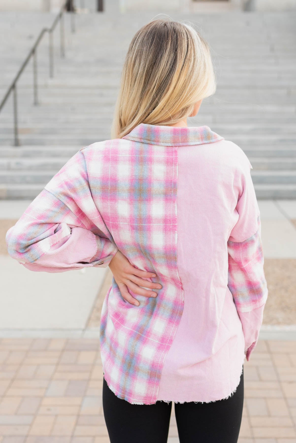 Back view of the plnk plaid shacket