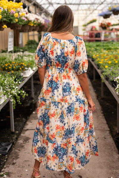 Back view of the navy floral dress