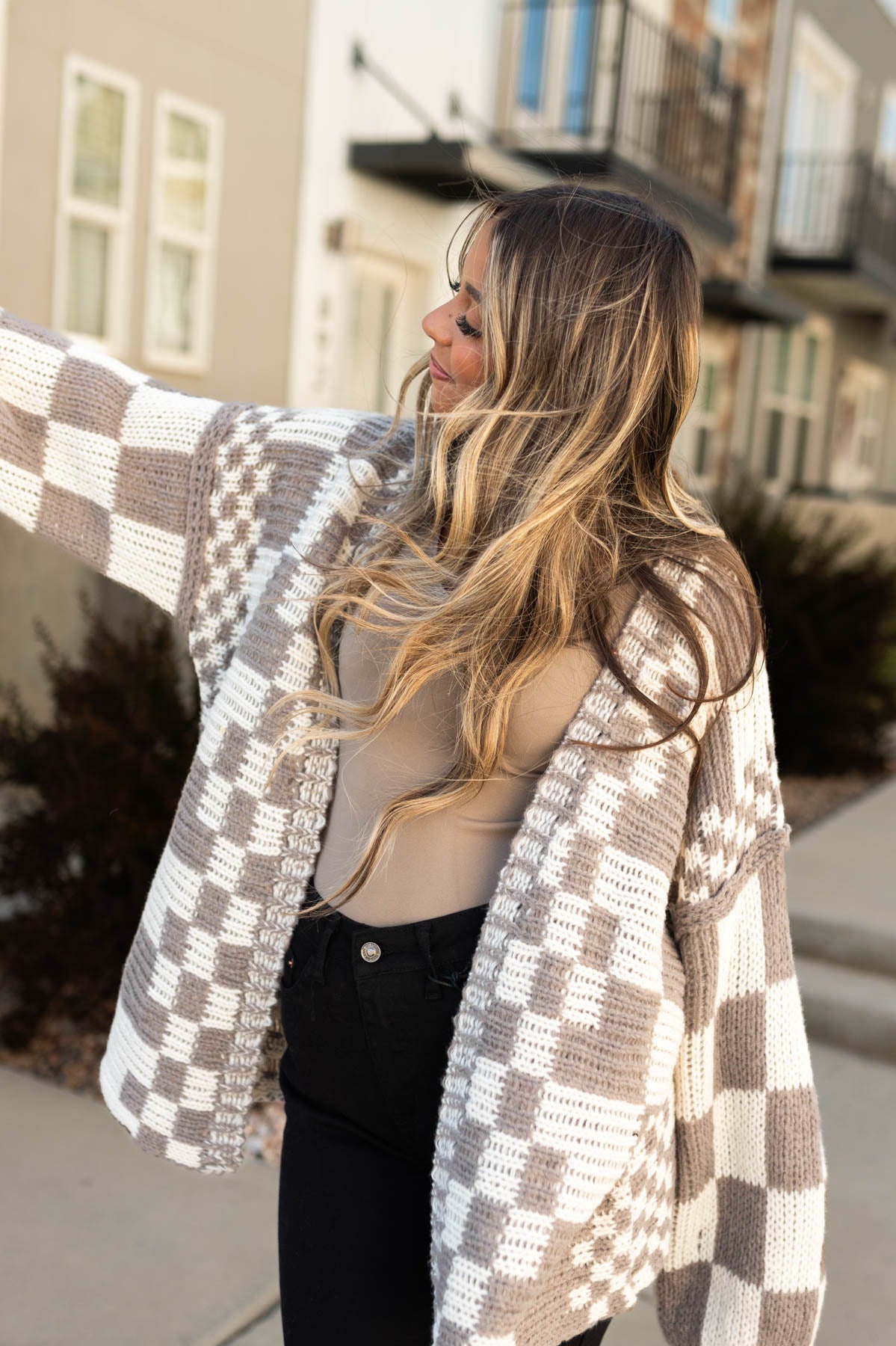 Checkered pattern oversized mocha cardigan