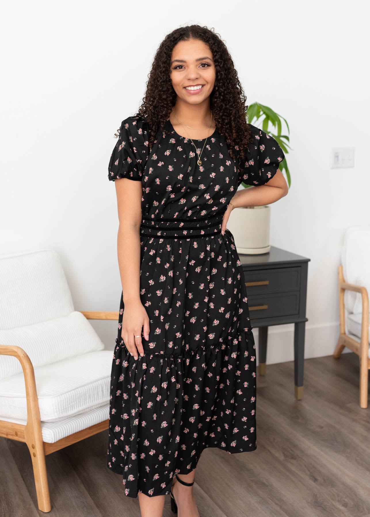 Black floral dress with short sleeves