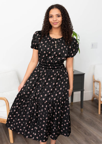 Short sleeve black floral dress