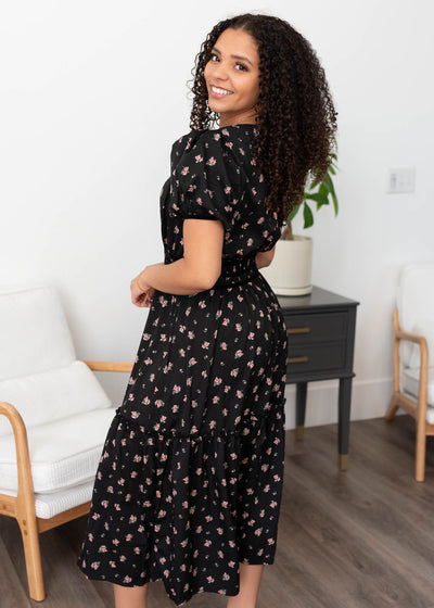 Side view of the black floral dress