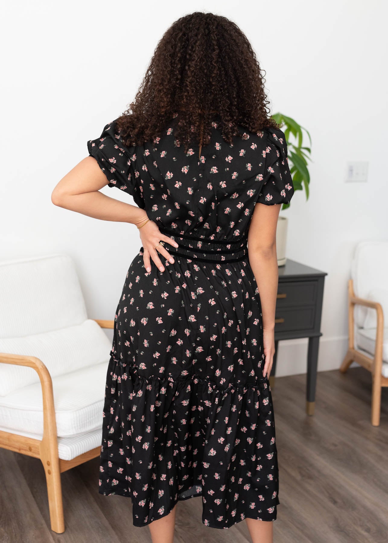 Back view of the black floral dress