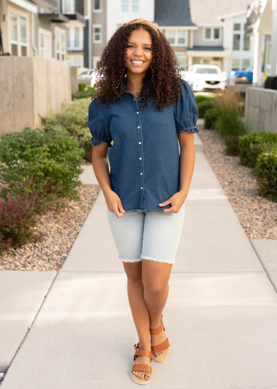 Button up denim puff sleeve top