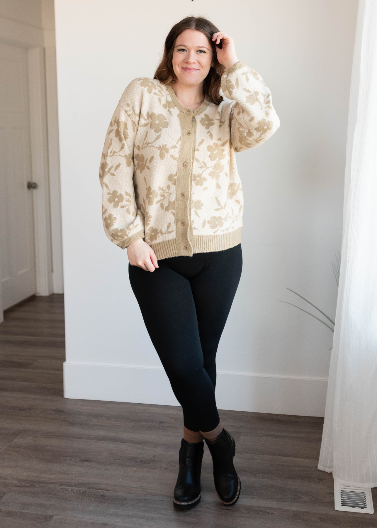 Taupe floral cardigan with long sleeves