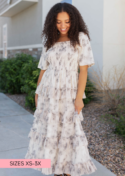 Short sleeve grey floral tiered dress