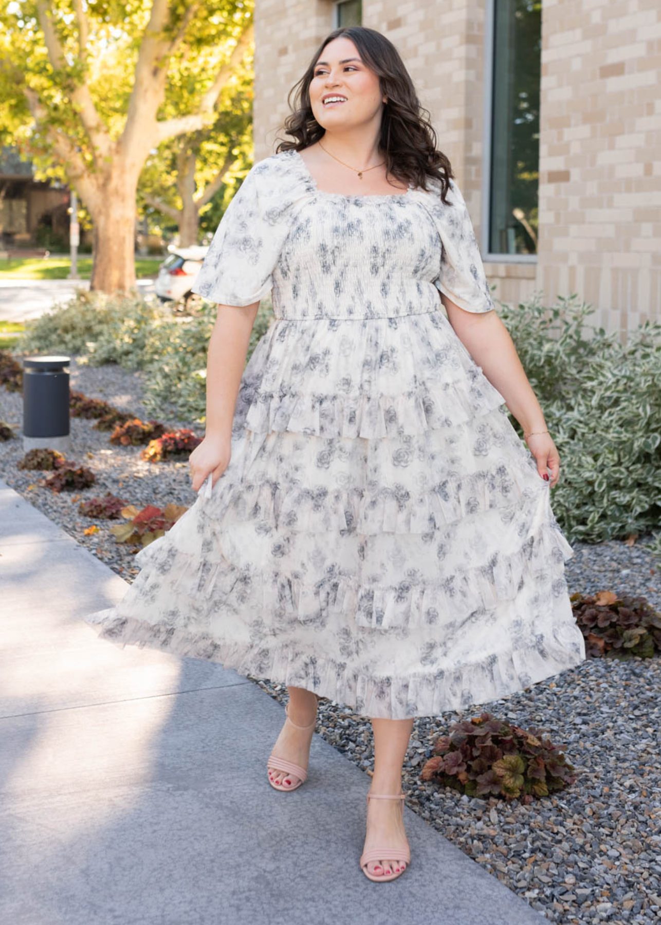 Plus size grey flroal tiered dress with short sleeves