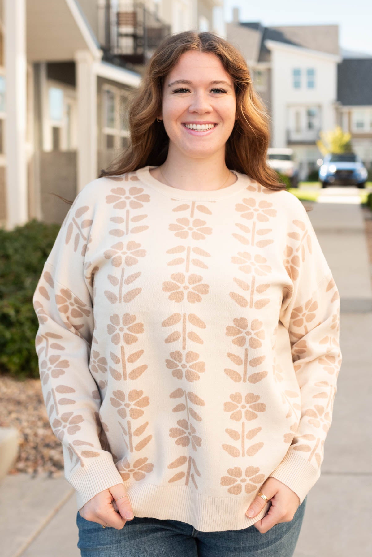 Plus size oatmeal floral sweater