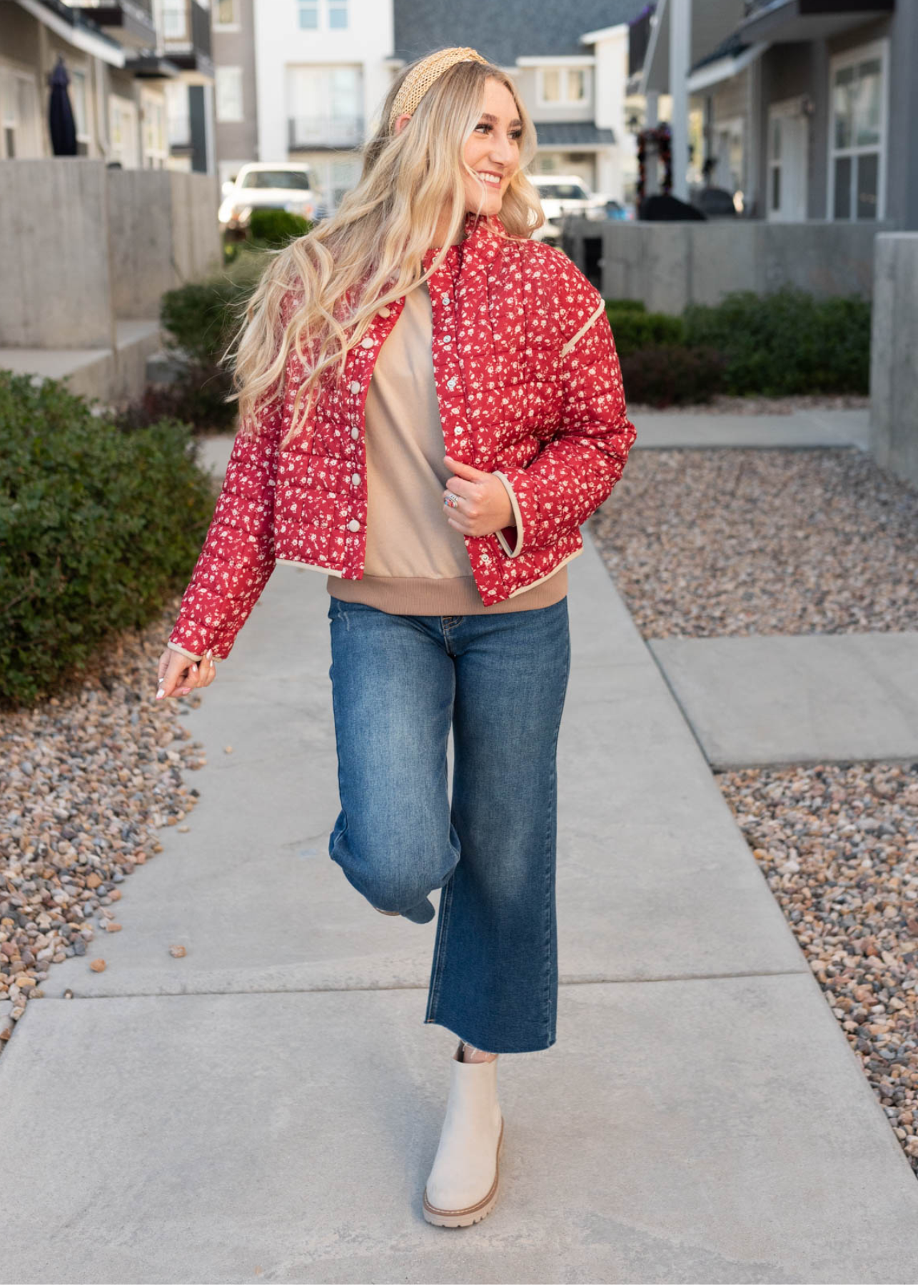 Red floral quilted jacket with long sleeves