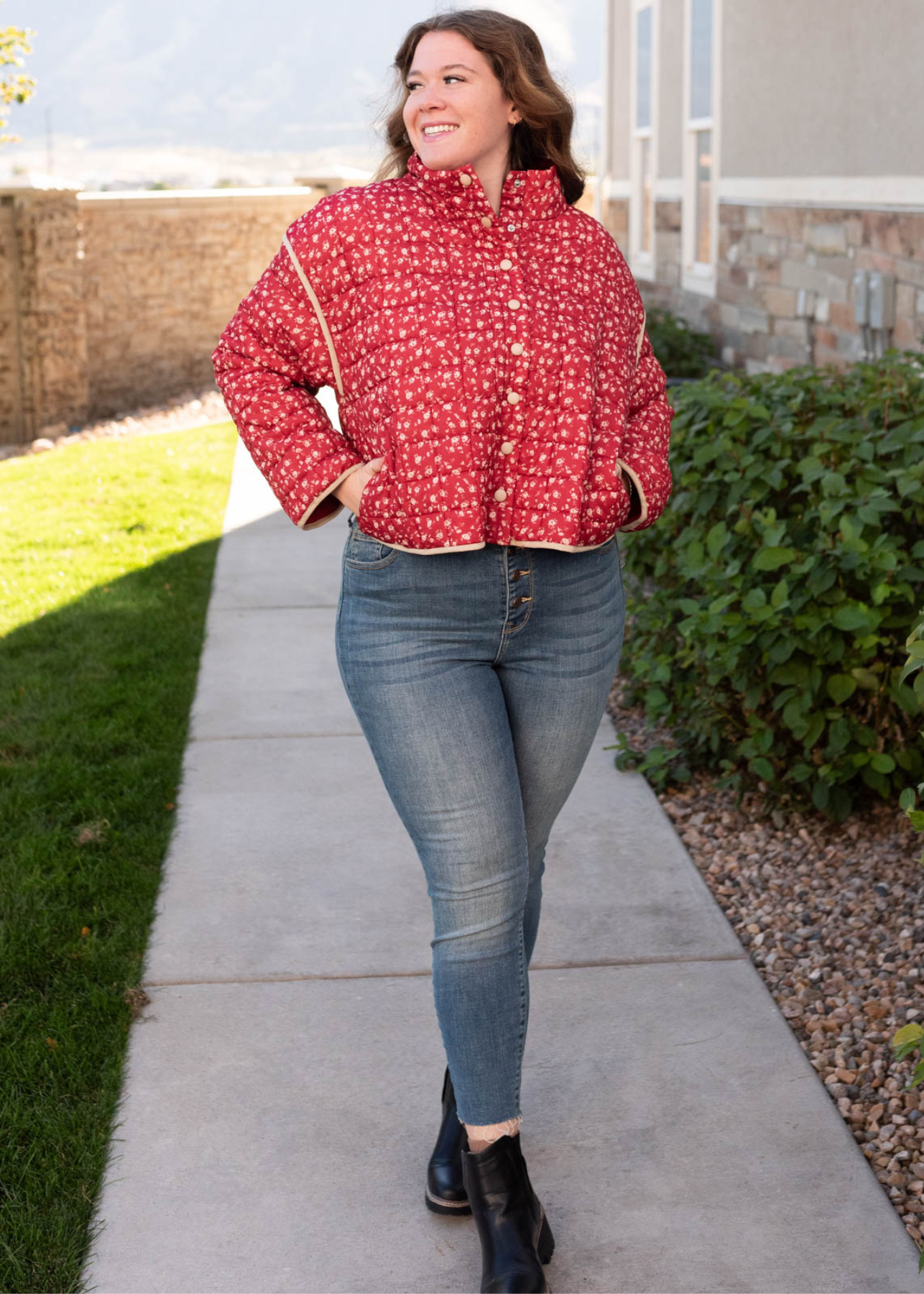 Plus size red floral quilted jacket with long sleeves