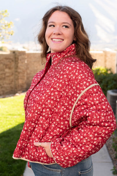 Side view of the plus size red floral quilted jacket