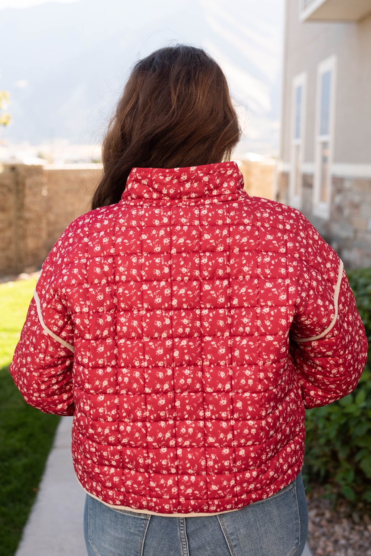 Back view of the plus size red floral quilted jacket