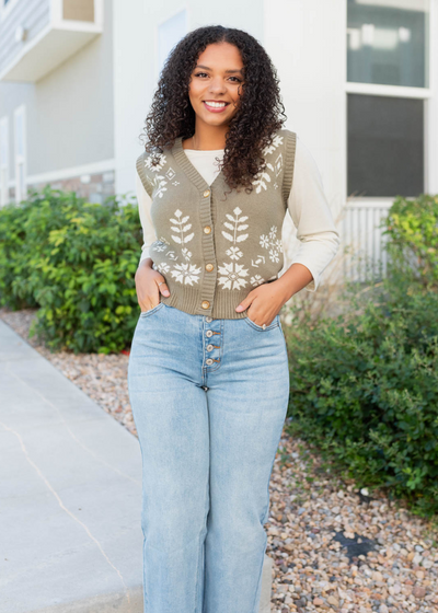 Button up light olive floral sweater vest