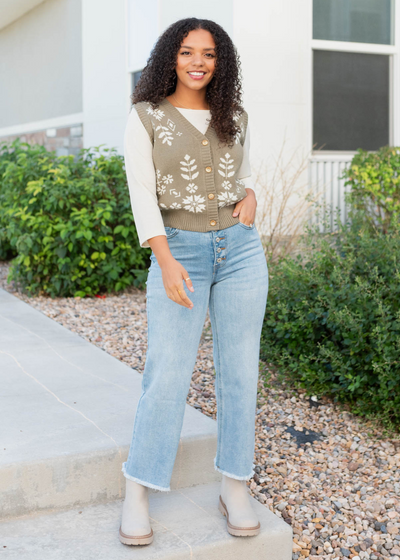 Light olive floral sweater vest