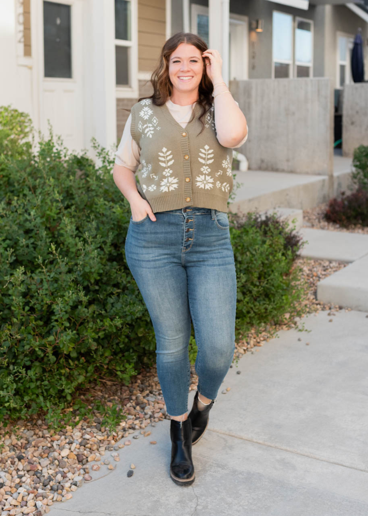 Plus size light olive floral sweater vest 