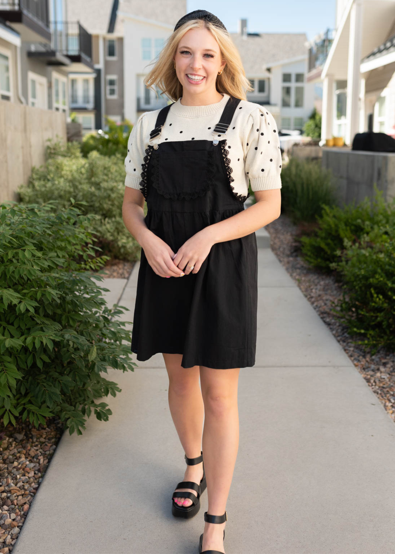 Black lace shortalls with lace around the bodice